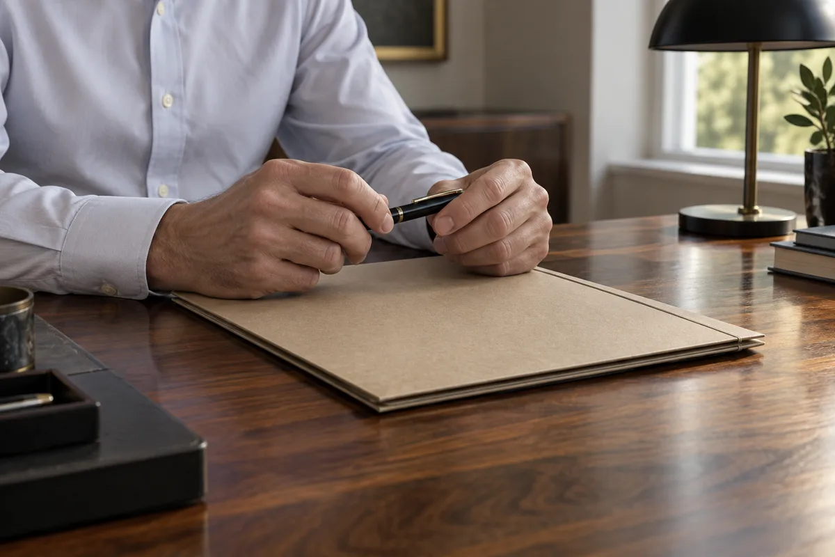 Mains tenant un stylo au-dessus d’un dossier cartonné fermé sur un bureau en noyer