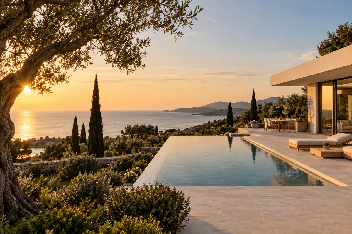 Villa contemporaine avec piscine et terrasse ouvrant sur la mer en fin de journée