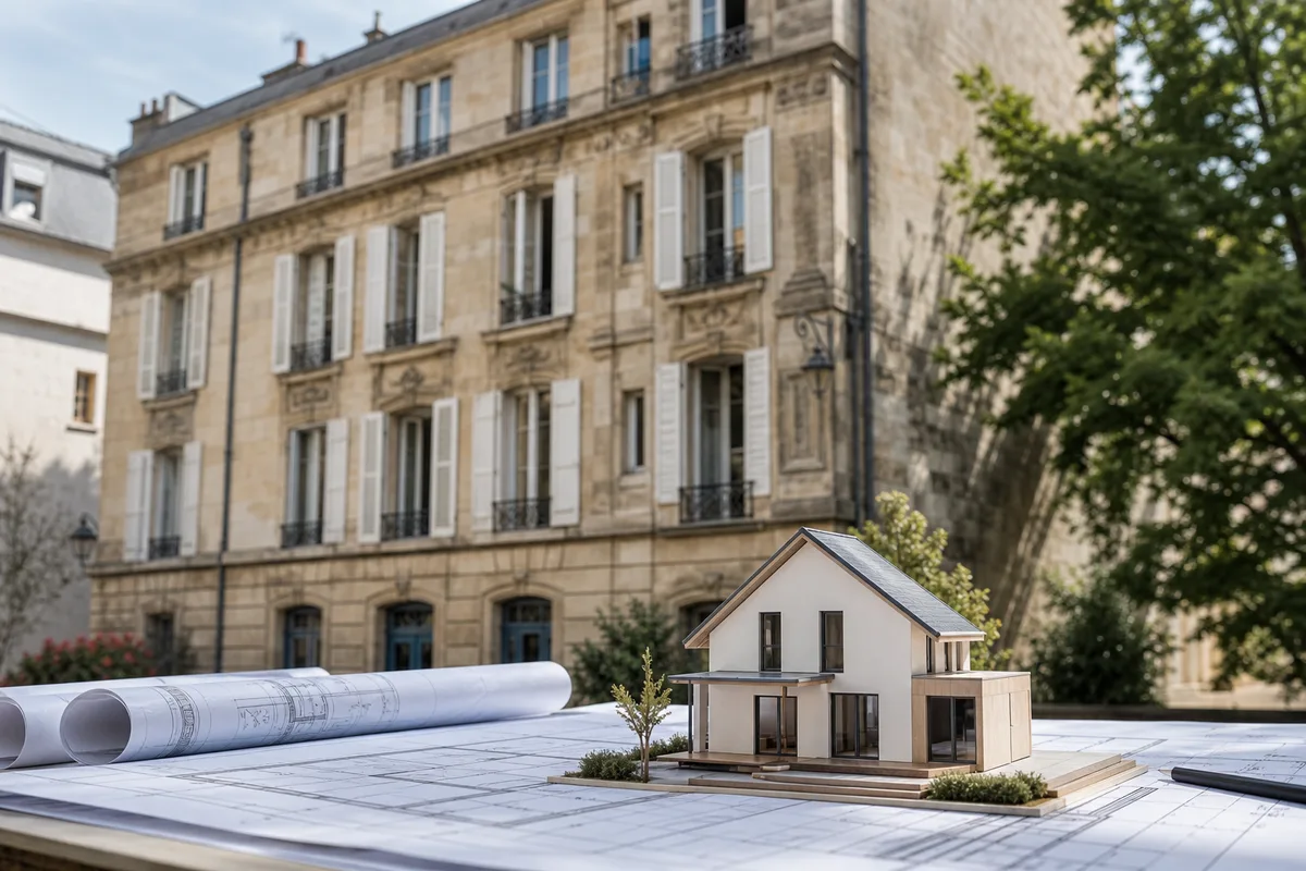 Maquette de maison neuve et plan d&rsquo;architecte face à un immeuble ancien en pierre
