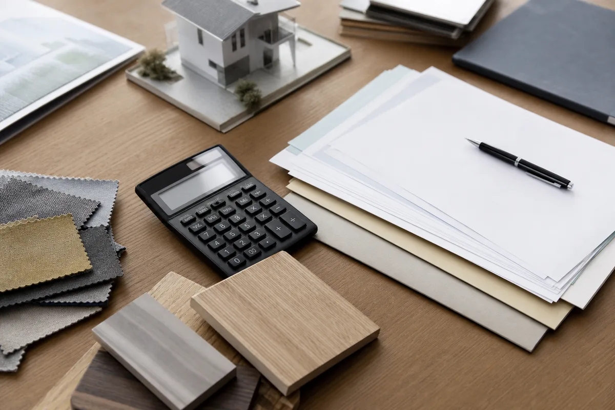 Calculatrice, échantillons de mobilier et documents fiscaux illustrant l&rsquo;assiette de calcul des frais