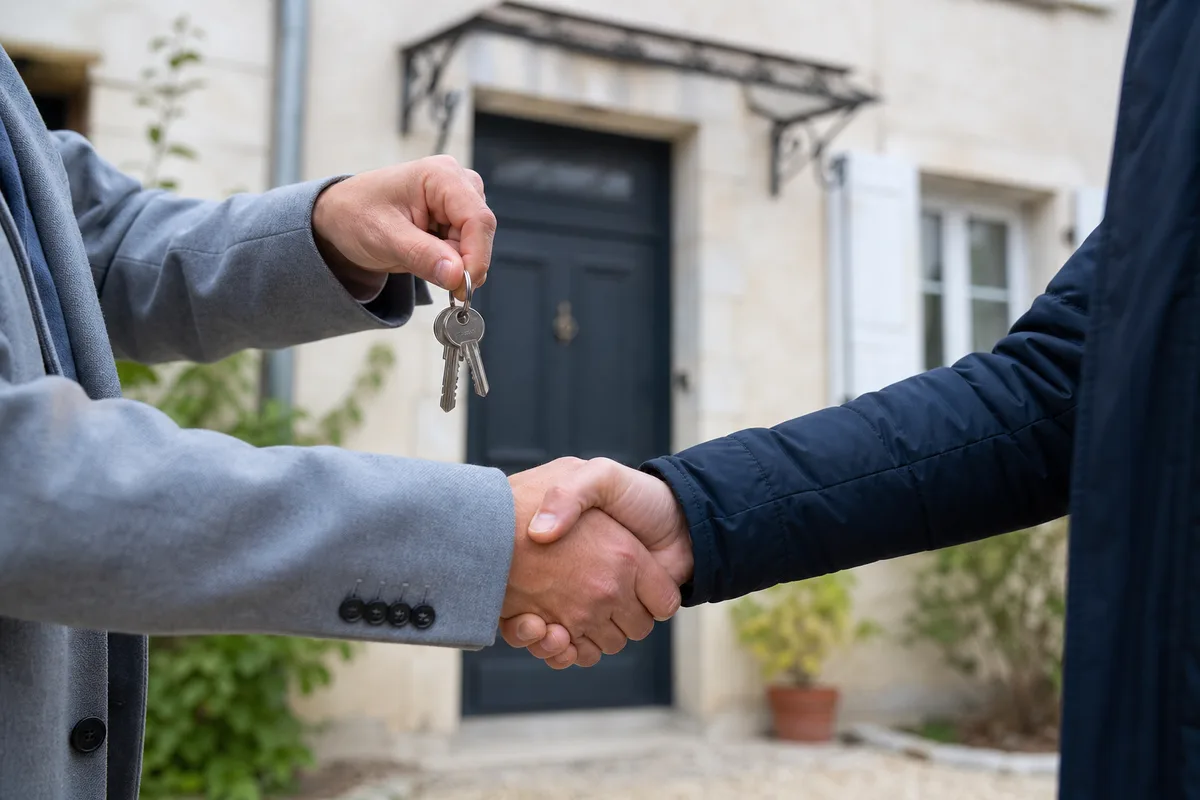 Poignée de main devant une maison au moment de la remise des clés après signature