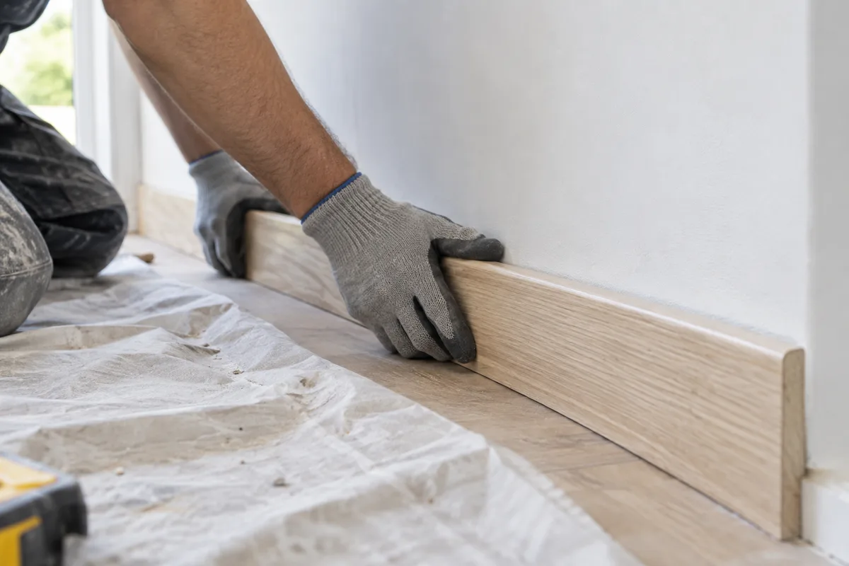 Mains gantées d’un artisan posant une plinthe dans une pièce en rénovation aux murs blancs