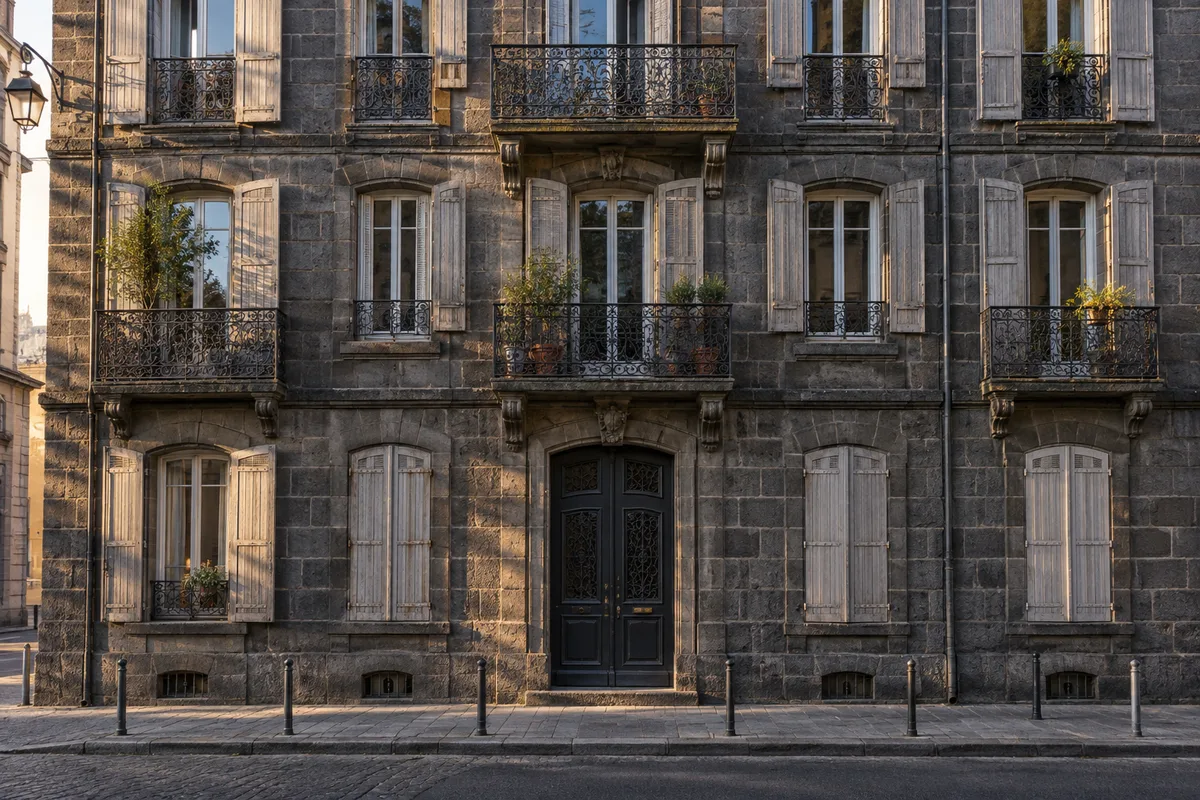 Façade d’immeuble en pierre de Volvic avec balcons en fer forgé dans une rue de Clermont-Ferrand