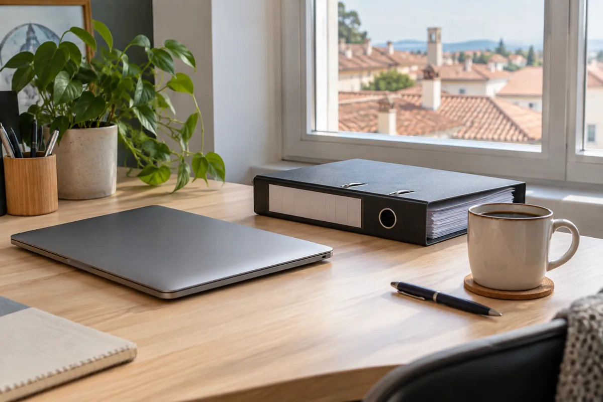 Bureau en bois avec ordinateur portable fermé, classeur et tasse devant une fenêtre donnant sur des toits