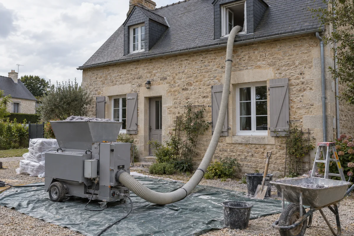 Machine de soufflage d&rsquo;isolant posée devant une maison, tuyau souple montant vers une lucarne
