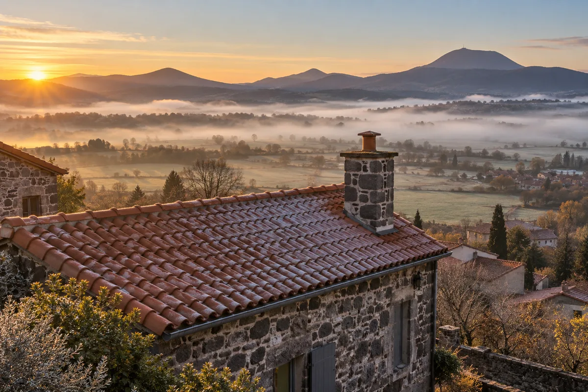 Toiture de tuiles d&rsquo;une maison de bourg auvergnate vue depuis une colline au petit matin