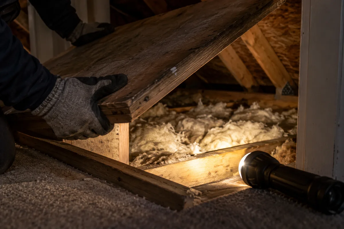 Mains d’un artisan soulevant une trappe de combles en bois, lampe torche allumée au côté