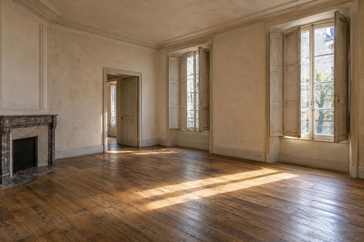 Pièce vide d’une maison de bourg ancienne, parquet en chêne et volets entrouverts